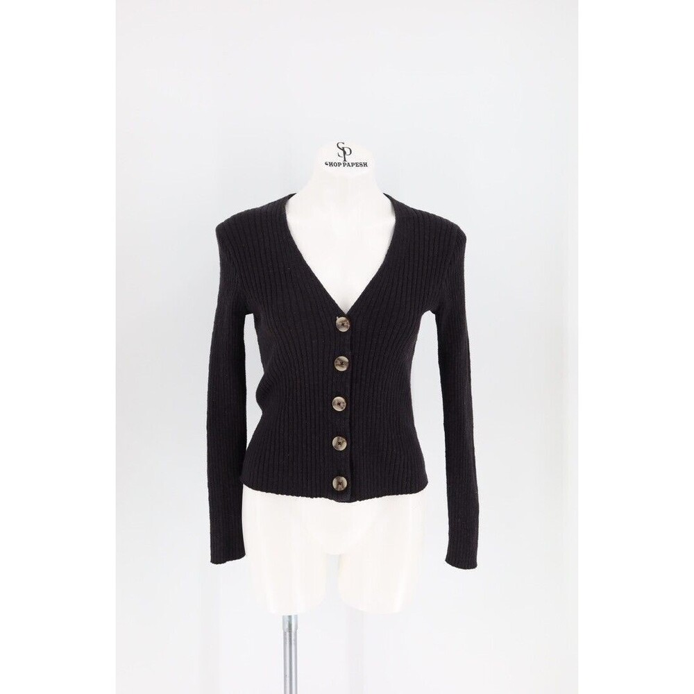 Madewell Women Size Medium Black Shrunken Ribbed Cardigan V-Neck Sweater